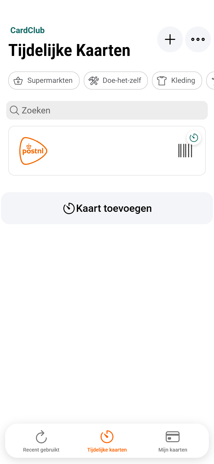 CardClub scherm met tijdelijke kaarten zoals een PostNL-retourcode