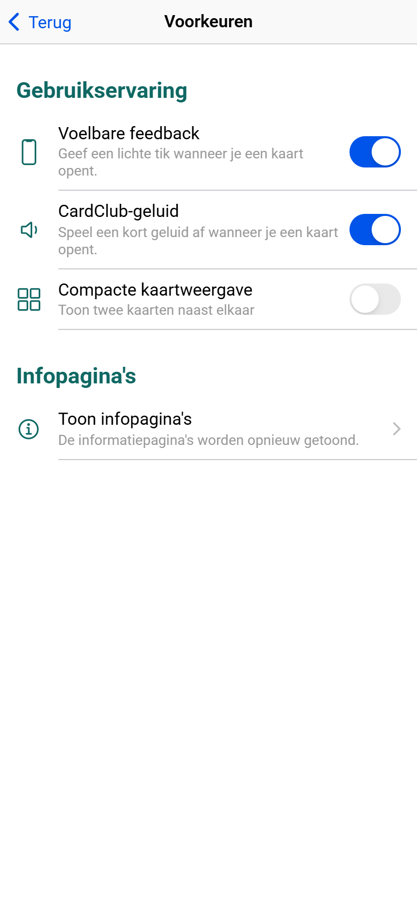 CardClub voorkeuren met de instelling voor compacte kaartweergave