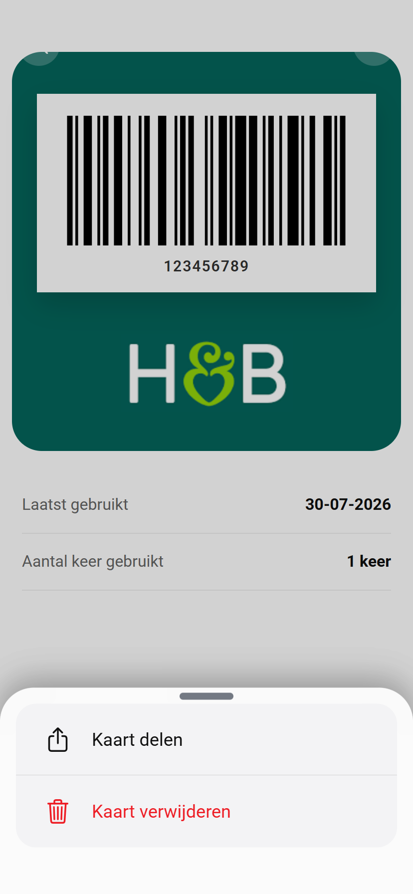 CardClub kaartdetail met de optie Kaart delen